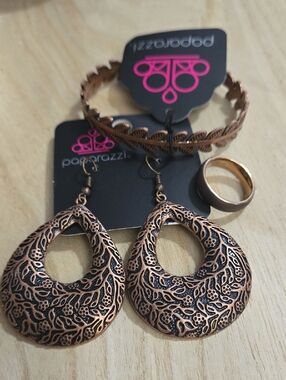 paparazzi Copper-Tone Etched Teardrop Earrings with Matching Bracelet & Ring